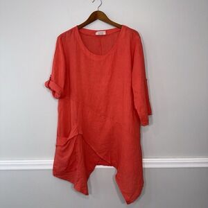 Saga Tunic Blouse Womens Linen Lightweight Breathable Asymmetric Hem Coral OS